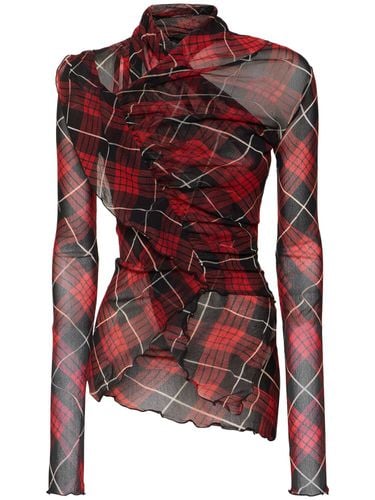 Distorted Tartan Printed Mesh Draped Top - JEAN PAUL GAULTIER - Modalova