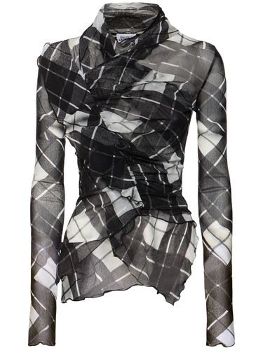 Distorted Tartan Printed Mesh Draped Top - JEAN PAUL GAULTIER - Modalova