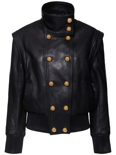 High Collar Leather Bomber Jacket - BALMAIN - Modalova