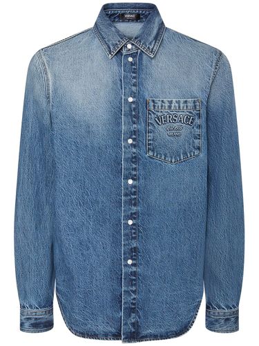 Stonewashed Cotton Denim Shirt - VERSACE - Modalova