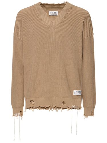 Distressed Cotton V-neck Sweater - MM6 MAISON MARGIELA - Modalova