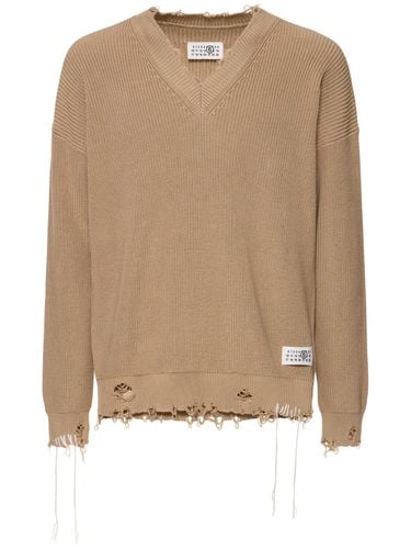 Maglia In Cotone Distressed / Scollo A V - MM6 MAISON MARGIELA - Modalova