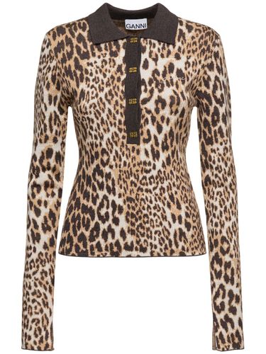 Leopard Jacquard Wool Polo Top - GANNI - Modalova