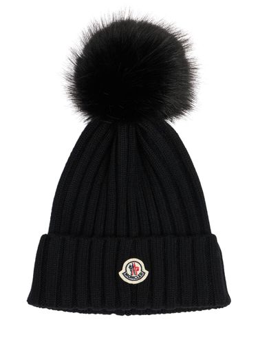 Logo Extrafine Wool Pom Pom Beanie - MONCLER - Modalova