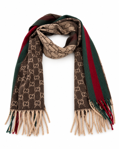 Monogram Brown Cashmere & Wool Scarf with Green & Red Web Stripe - Gucci - Modalova