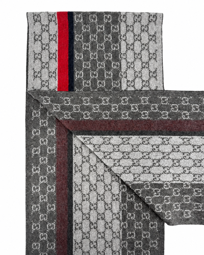 Monogram Grey Cashmere & Wool Scarf with Red & Black Stripe - Gucci - Modalova