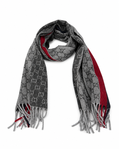 Monogram Grey Cashmere & Wool Scarf with Red & Black Stripe - Gucci - Modalova