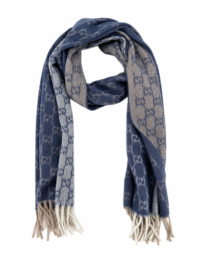 Monogram Blue Cashmere & Wool Scarf with Beige & Cream Fringe - Gucci - Modalova