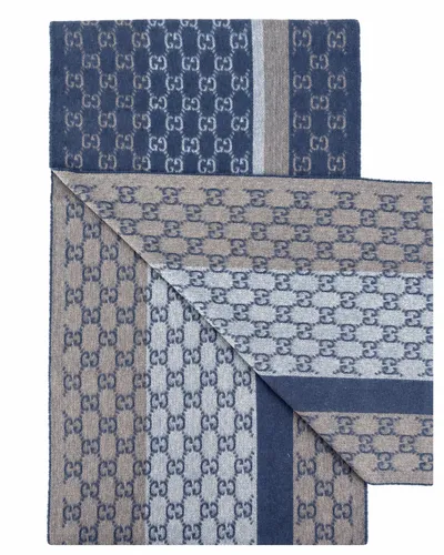 Monogram Blue Cashmere & Wool Scarf with Beige & Cream Fringe - Gucci - Modalova