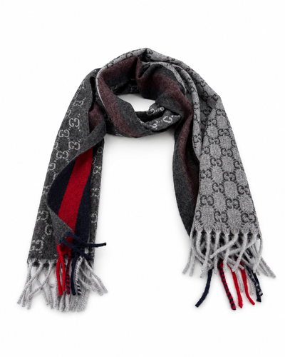 Monogram Charcoal Grey Cashmere & Wool Scarf with Red & Navy Stripe - Gucci - Modalova