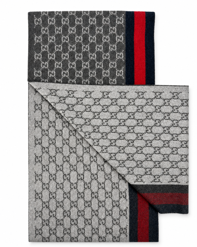 Monogram Charcoal Grey Cashmere & Wool Scarf with Red & Navy Stripe - Gucci - Modalova