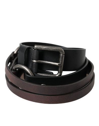 Black Brown Leather Silver Metal Buckle Men's Belt - Dolce & Gabbana - Modalova