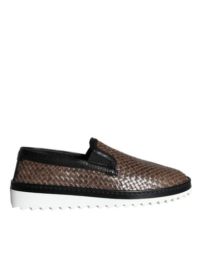 Brown Black Leather Weaved Men Loafers Men's Shoes - Dolce & Gabbana - Modalova