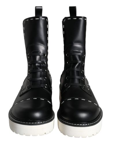 Black Leather Combat Mid Calf Boots Women's Shoes - Dolce & Gabbana - Modalova