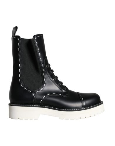 Black Leather Combat Mid Calf Boots Women's Shoes - Dolce & Gabbana - Modalova
