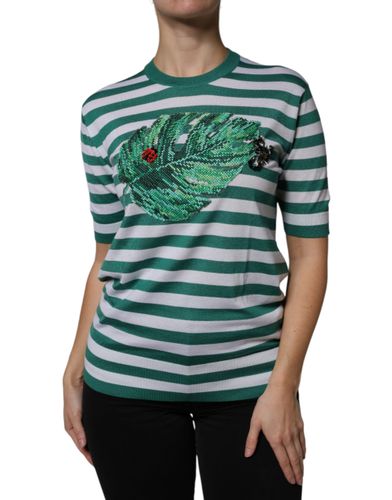 Green Stripe Leaf Crew Neck Women's T-shirt - Dolce & Gabbana - Modalova