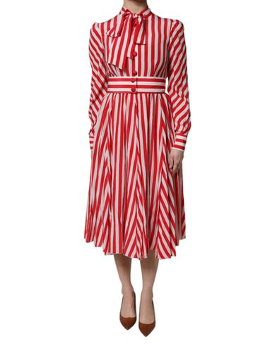 White Red Stripes Long Sleeves Midi Women's Dress - Dolce & Gabbana - Modalova