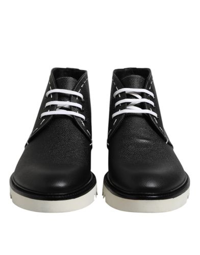 Black White Leather Ankle Boots Men's Shoes - Dolce & Gabbana - Modalova