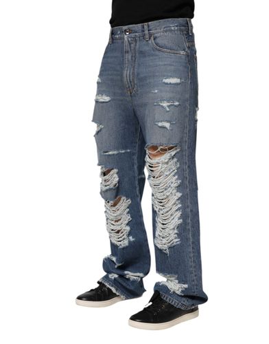 Tattered Cotton Logo Plaque Denim Men's Jeans - Dolce & Gabbana - Modalova