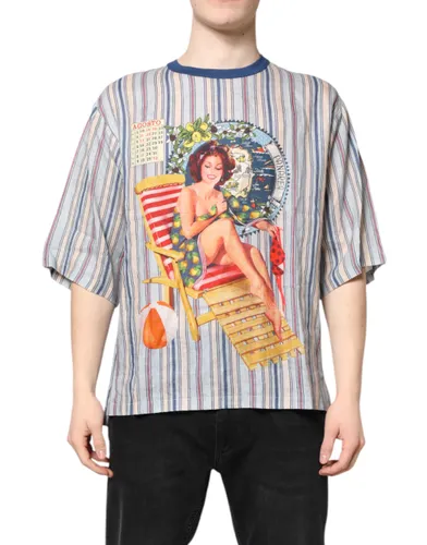 Striped Pin Up Linen Round Neck Men's T-shirt - Dolce & Gabbana - Modalova