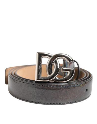 Metallic Leather Silver Tone Logo Buckle Men's Belt - Dolce & Gabbana - Modalova