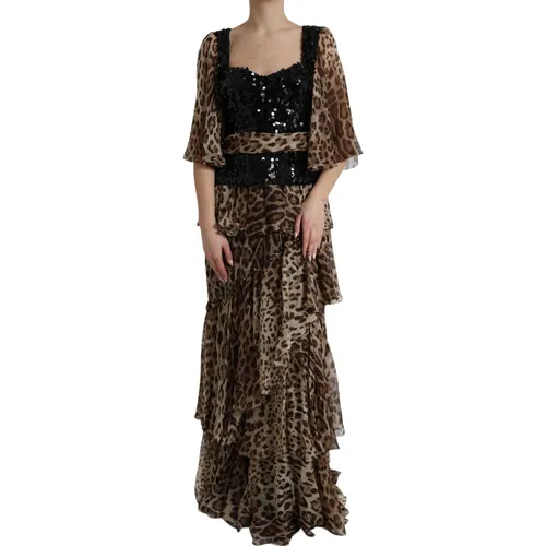 Leopard Print Silk Sequin Ruffle Maxi Women's Dress - Dolce & Gabbana - Modalova