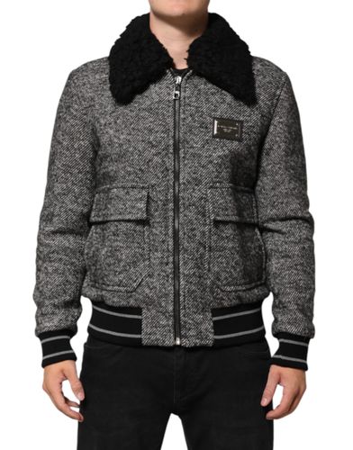 Gray Wool Herringbone Shearling Collar Bomber Men's Jacket - Dolce & Gabbana - Modalova