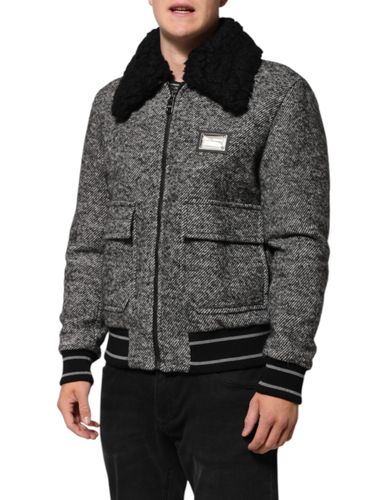 Gray Wool Herringbone Shearling Collar Bomber Men's Jacket - Dolce & Gabbana - Modalova