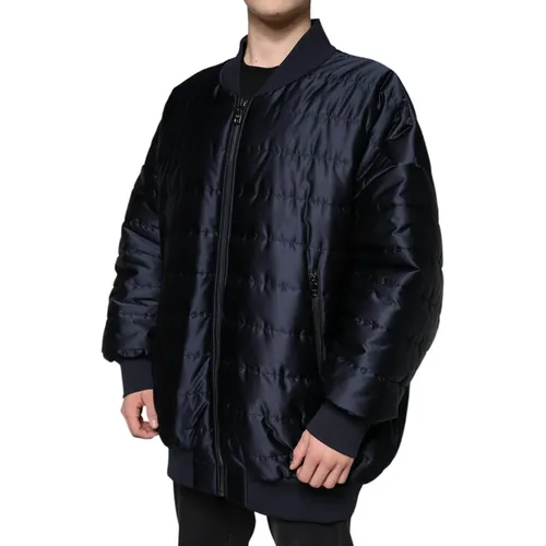 Dark Blue Quilted Full Zip Bomber Men's Jacket - Dolce & Gabbana - Modalova