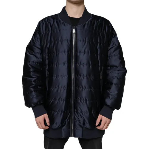 Dark Blue Quilted Full Zip Bomber Men's Jacket - Dolce & Gabbana - Modalova
