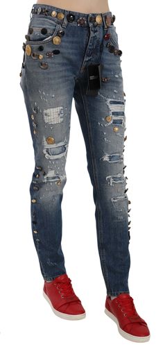 Distressed Embellished Buttons Denim Pants Women's Jeans - Dolce & Gabbana - Modalova