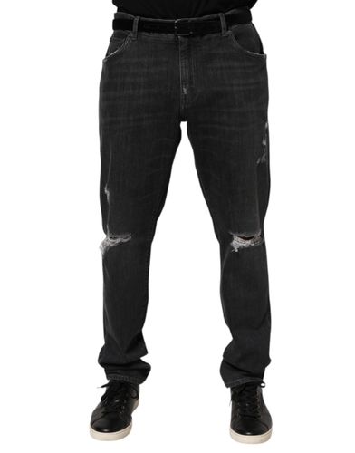 Black Cotton Slim Fit Distressed Ripped Logo Men's Jeans - Dolce & Gabbana - Modalova