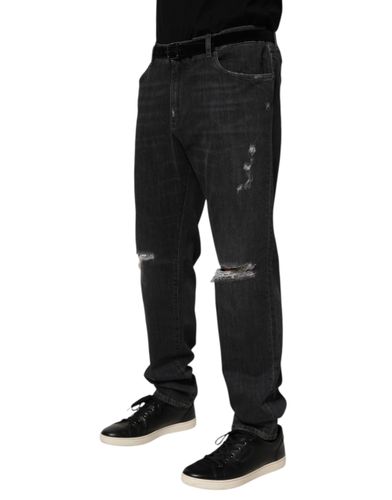 Black Cotton Slim Fit Distressed Ripped Logo Men's Jeans - Dolce & Gabbana - Modalova