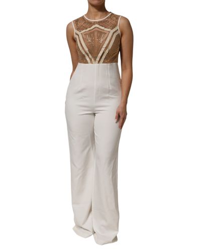 Beige Mesh Crystal Embellished Sleeveless Women's Jumpsuit - Mangano - Modalova