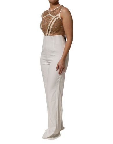 Beige Mesh Crystal Embellished Sleeveless Women's Jumpsuit - Mangano - Modalova