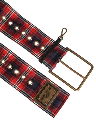 Plaid Fabric Logo Plate Brass Buckle Men's Belt - Dolce & Gabbana - Modalova