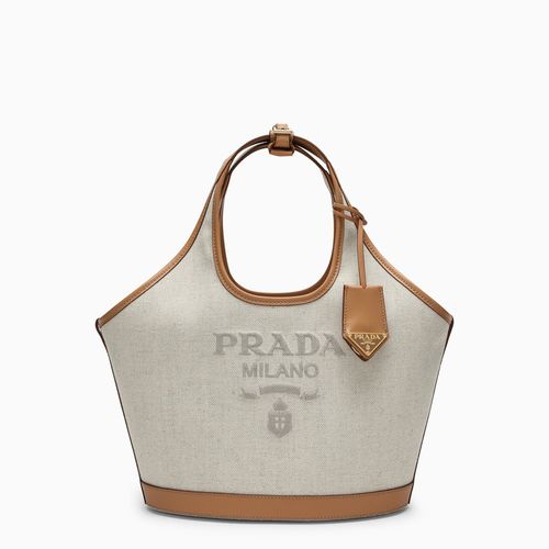 Borsa shopping grande in misto lino e pelle con logo - Prada - Modalova