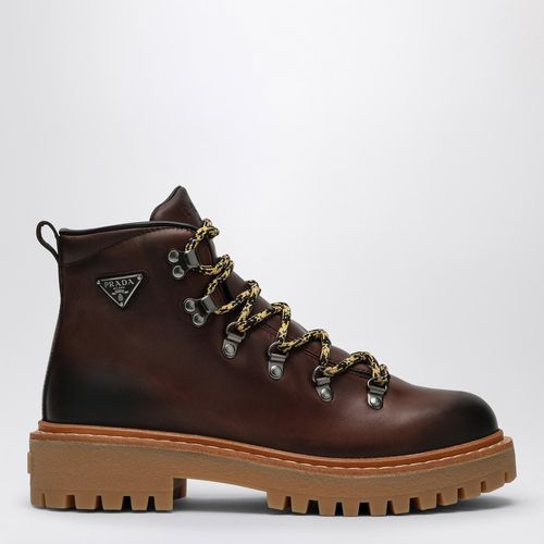 Ebony-coloured leather lace-up boot - Prada - Modalova