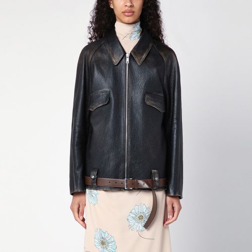 Blouson nero in pelle con cintura - Prada - Modalova