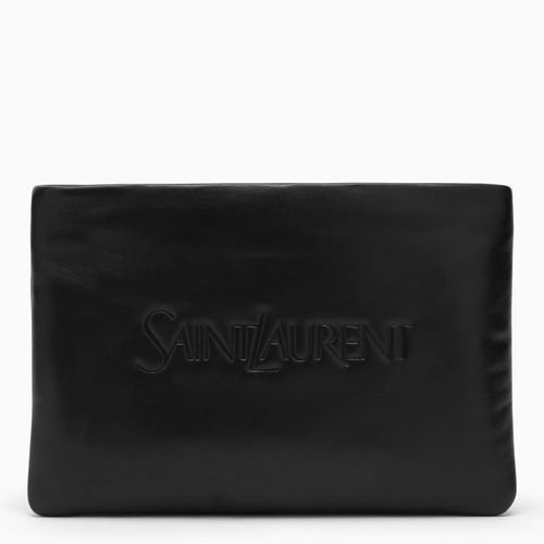 Pochette imbottita nera in pelle con logo - Saint Laurent - Modalova