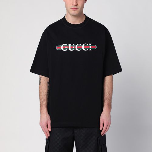 T-shirt nera in cotone con stampa logo - GUCCI - Modalova