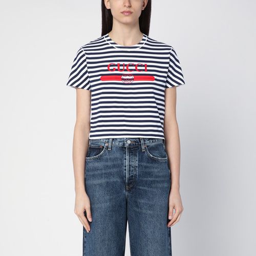 Blue striped cotton T-shirt with logo print - GUCCI - Modalova