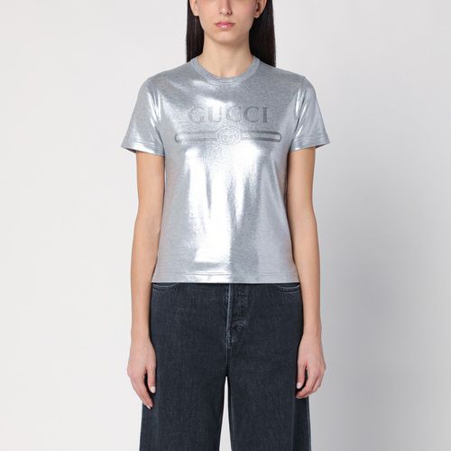 Laminated cotton silver T-shirt with logo - GUCCI - Modalova