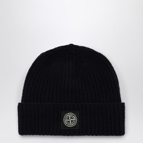 Navy blue wool cap with logo label - Stone Island - Modalova