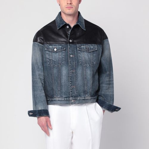 Blue denim and black leather jacket - Prada - Modalova