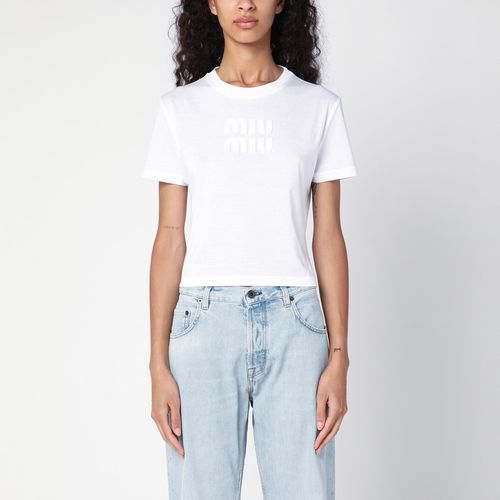 T-shirt bianca in cotone con logo - Miu Miu - Modalova