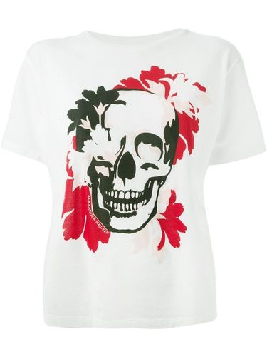 T-shirt à imprimés fleurs et tête de mort - Alexander McQueen - Modalova