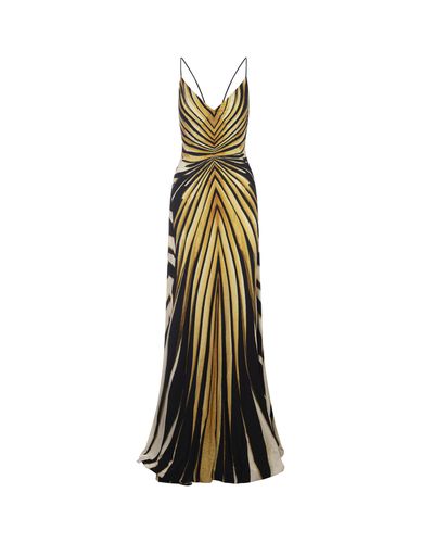 Silk Dress With Ray Of Gold Print - Roberto Cavalli - Modalova