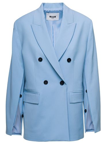 Light Blue Double-breasted Jacket With Buttoned Sleeves In Stretch Wool Woman - MSGM - Modalova