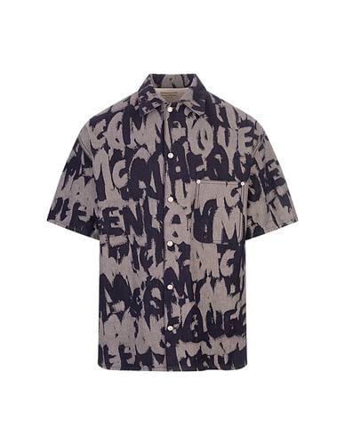 Mcqueen Graffiti Denim Hawaiian Shirt In Indigo - Alexander McQueen - Modalova